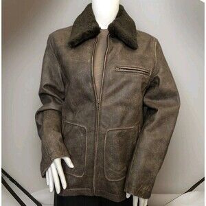 RARE LL BEAN Leather Aviator Jacket Womens PetiteM Brown Removable Sherpa Collar